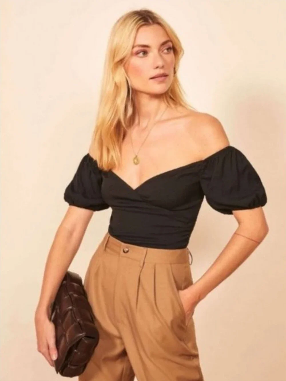 Reformation Lampone Off Shoulder Black Puff Sleep Faux Wrap Top Size 2